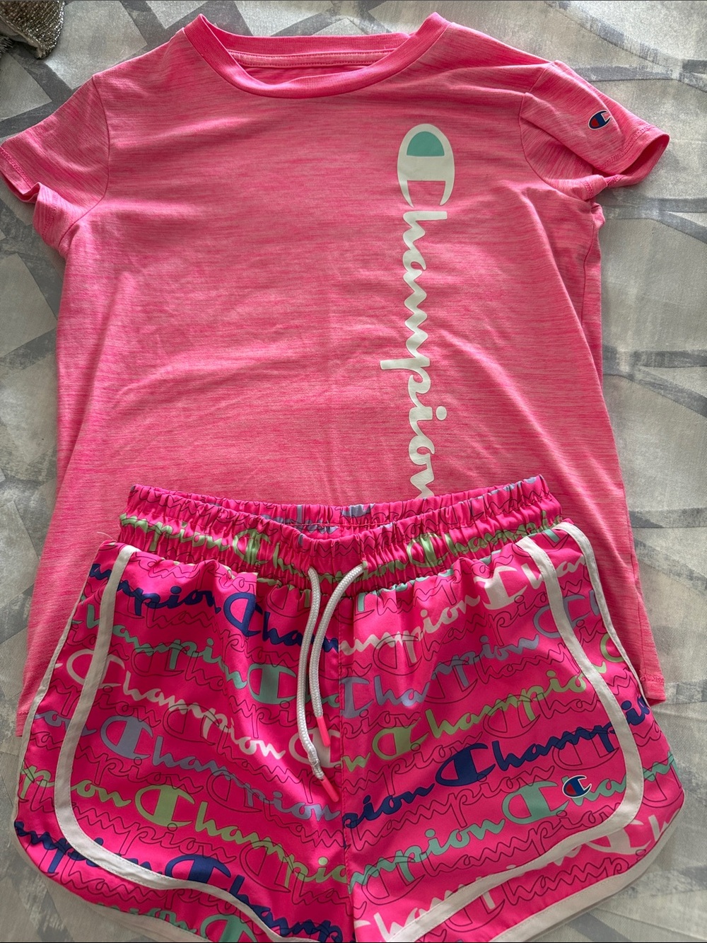 Champion Hot Pink Logo Tee and Script-Print Shorts Set